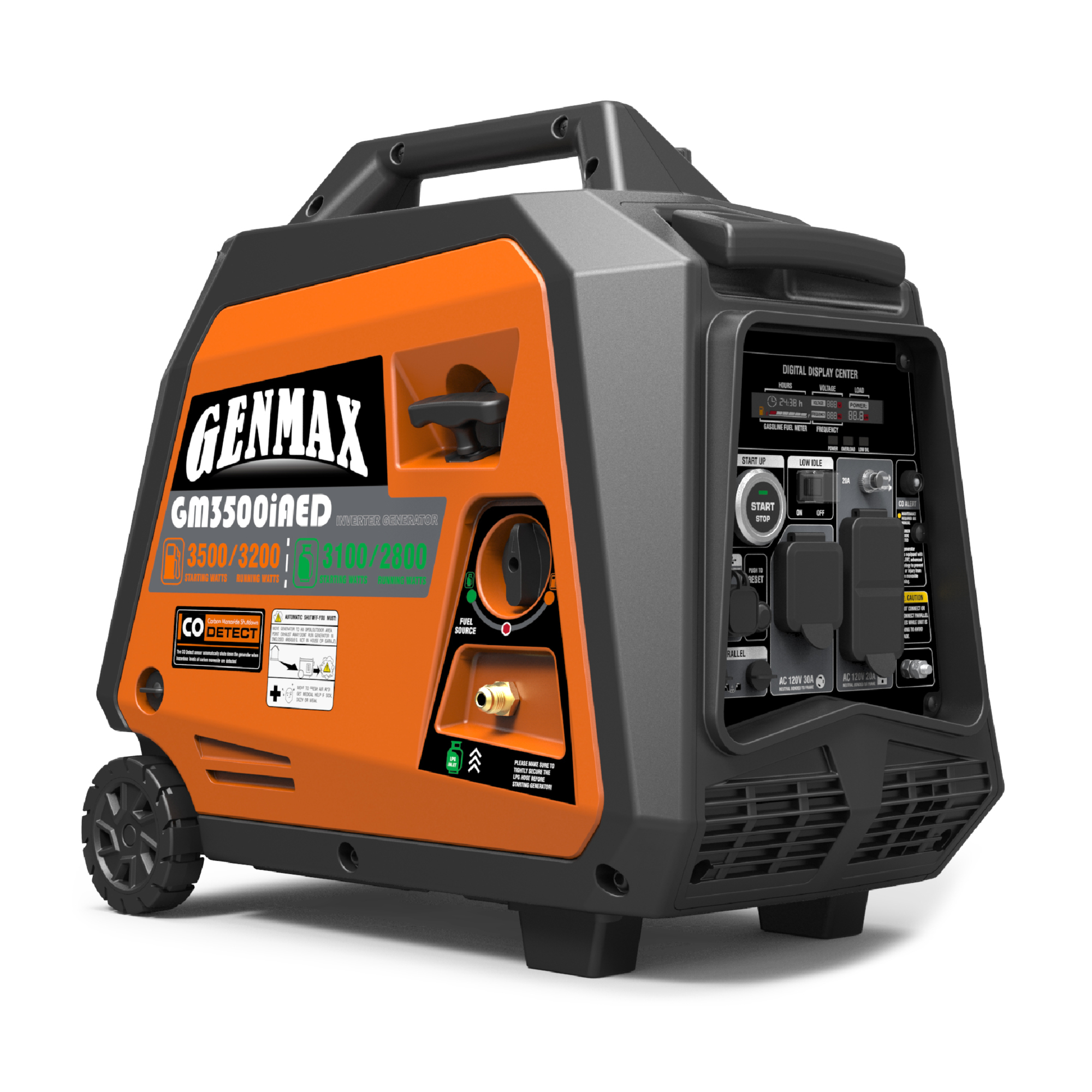 GENMAX, Portable Inverter Generator, 3500W Dual Fuel, Surge Watts 3500 Rated Watts 3200 Voltage 120 Model# GM3500iAED